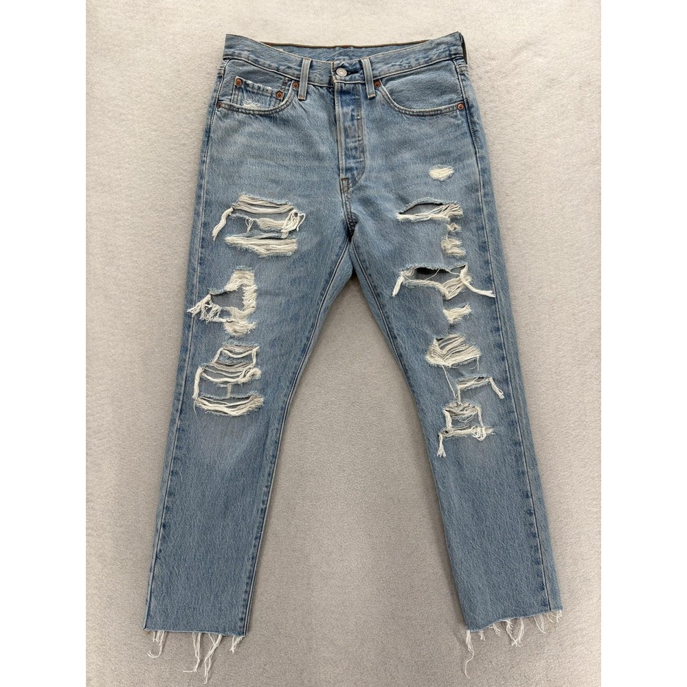 Levis Premium 501 Skinny Jeans Womens 27x28 Blue High Rise Distressed Denim